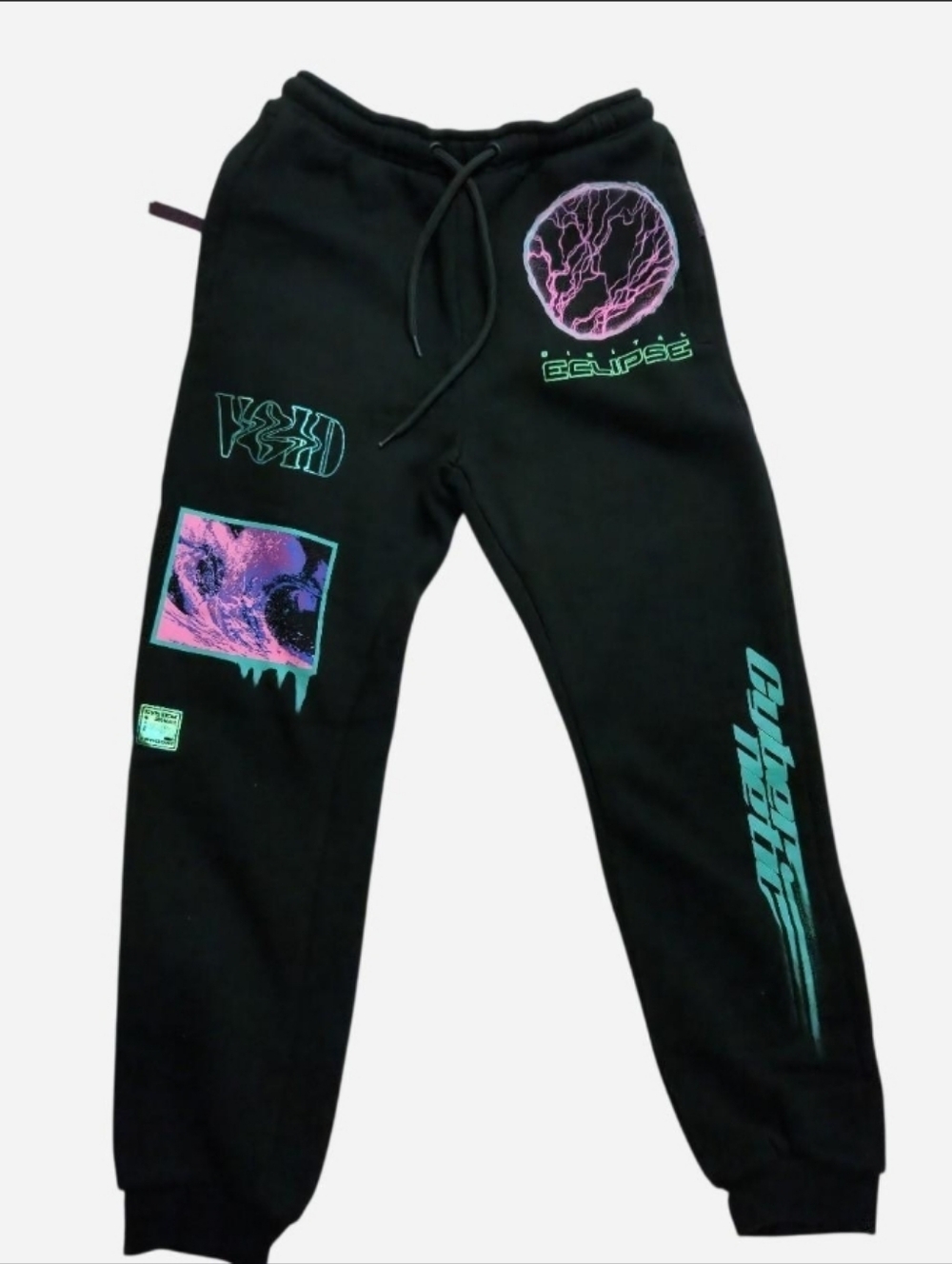 Bershka Black Oversized Joggers Futuristic Tech Graphic XS EUC - Picture 1 of 11